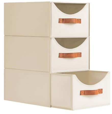 Homsorout Wardrobe Storage Organiser - Foldable Stackable Storage Drawers Box, Fabric Storage Baskets for Clothes Organization, Shelves, Bedroom, Living Room, Beige, 14 Inch. - 3 Pack
