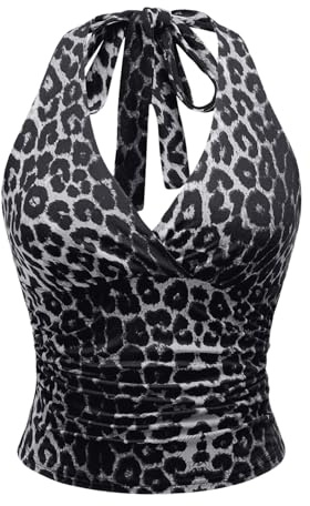 GORGLITTER Women's Sleeveless Crop Halter Neck Top Leopard Print Top Grey