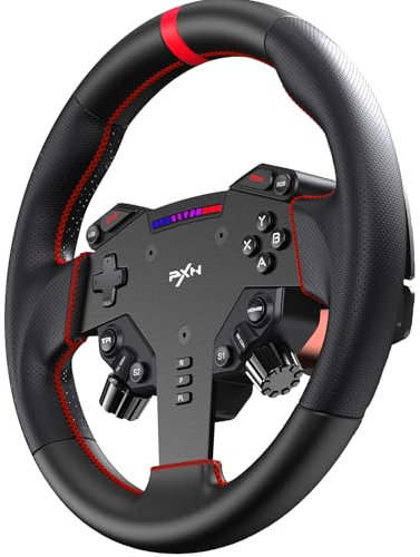 PXN W AS Volant de Course 28 cm à Jante Ronde – Compatible avec les Bases Direct Drive VD4 et VD6 – Détachement Rapide, Jante en Alliage d’Aluminium, 4 Pagaies, Indicateur RGB, Cuir Microfibre