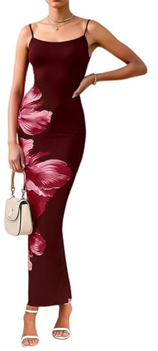 Sukiglam Mujer Vestido Largo Sexy sin Mangas Cuello Cuadrado Vestidos de Tirantes Elegante Estampado Floral Vestido Ajustado Verano Casual Bodycon Maxi Vestidos de Fiesta Cóctel Invitada Boda Club