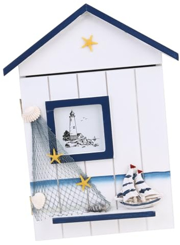 Healifty Cassetta Portachiavi da Parete in Legno Stile Forma di Casa con Ganci per Chiavi Organizer Compatto per Cucina Corridoio Ingresso Decorazione a Tema Mare con e Stella