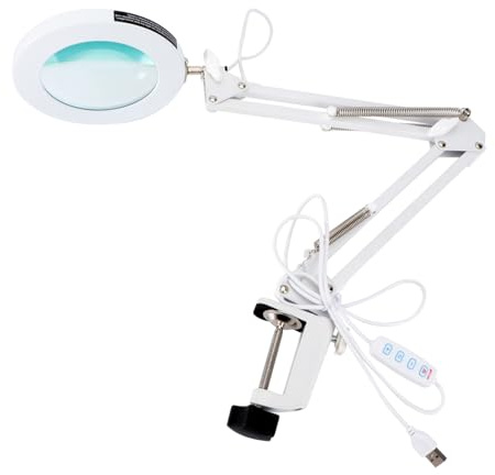 TOBBOMEY Lámpara de Mesa con Lupa LED Ajustable Brazo Telescópico Giratorio Iluminación para Soldadura Reparación y Lectura Protección Visual Ahorro Energético Soporte Metálico para
