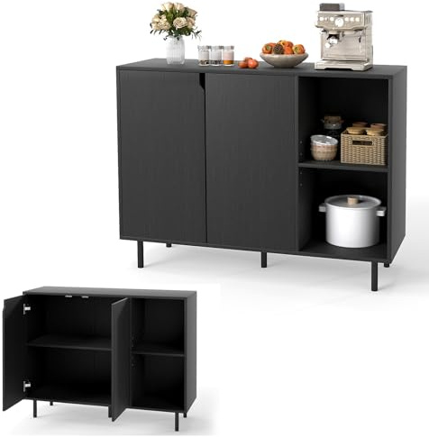KOMFOTTEU Credenza Cucina Bianca, Armadio Dispensa con Ante, Ripiano Regolabile in 5 Livelli e Dispositivo Anti-Ribaltamento, Mobile Buffet per Soggiorno e Corridoio, 106x38x80cm (L x P x A) (Nero)