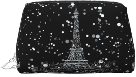 Pochette per cosmetici in pelle con stampa Torre Eiffel Night Paris, borsa per trucchi in pelle con chiusura superiore a zip, elegante borsa da toilette, Argento, taglia unica