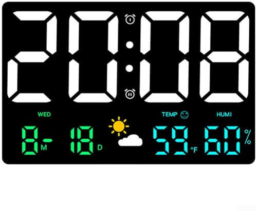 Reloj de pared digital LED grande con pronóstico del tiempo, humedad y visualización de calendario, sensor de luz automático de brillo ajustable, estación meteorológica interior (luces de colores)
