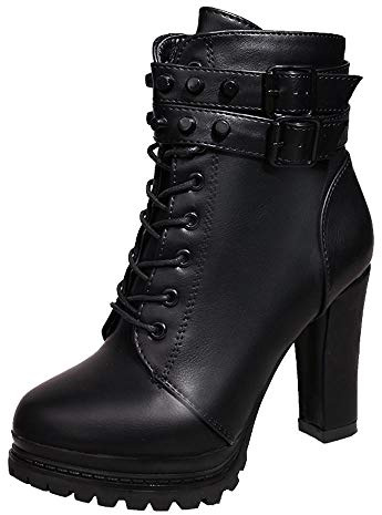 Logobeing Zapatos de Tacón Alto Botas Mujer Invierno Martain Boot Zapatos con Cordones de Cuero Botines Mujer Tacon Plataforma Zapatos (36,Negro)
