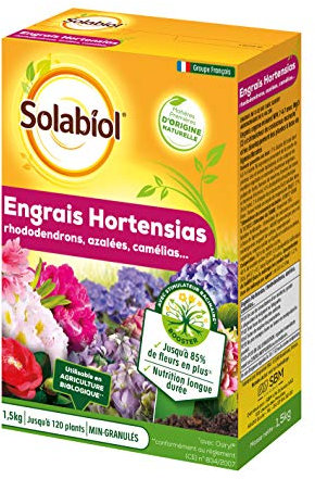 SOLABIOL Engrais Hortensias, Rhododendrons, Azalées et Camélias - 100% Organique - Nutrition longue durée - 1,5 Kg - Jusqu’à 85% de fleurs en plus - SORHOY15
