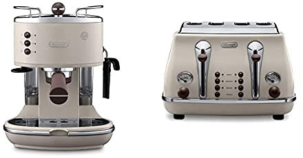 De'Longhi Vintage Icona Traditional Barista Pump Espresso Machine, Coffee and Cappuccino Maker & Icona Vintage 4 slot toaster, reheat, defrost, one-side bagel & 6 browning settings, CTOV4003BG, Beige