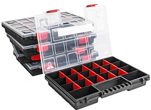 PAFEN Lot de 5 boîtes de rangement – 250 x 345 x 50 mm – Magazine pour petites pièces avec couvercle transparent – Boîte de rangement – Boîte à outils avec compartiments amovibles, Boite de Tri