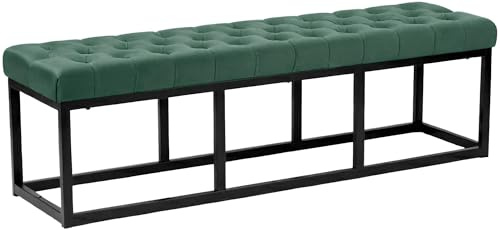 CLP Banco Polson, Moderno, Estructura de Metal Negro, Terciopelo capitoné, Protector de Suelos, para salón, Pasillo o Dormitorio, Color:Verde Claro, Tamaño:150 cm