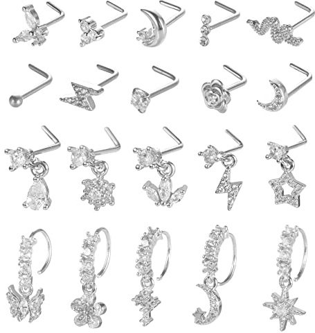 SAMOCO 20Pcs 20G Dangle Nose Ring L Shaped Dangling Nose Stud for Women Stainless Steel Nose Ring Studs CZ Flower Dangle Nose Rings Hoops Nose Piercing