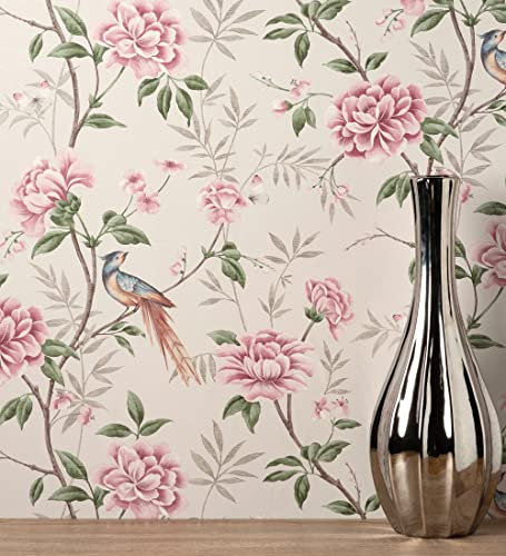 GAULAN 681989 - Papel pintado de pájaros y flores fondo texturizado efecto fibra vegetal beige para pared salón cocina baño dormitorio comedor - Rollo de 10 m x 0,52 m