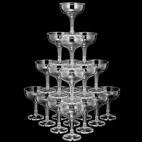 Zopeal 30 Pcs Champagne Coupe Glasses 5 oz Plastic Champagne Tower Disposable Martini Glasses Stackable Stemmed Margarita Coupe for Wedding Birthday Valentine's Day Party Bar(White,Transparent)