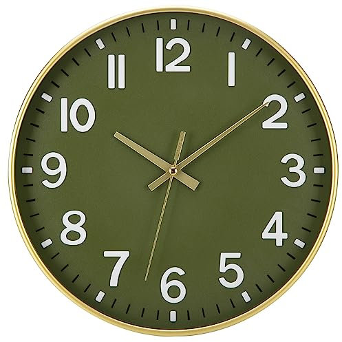 ACCSHINE Wanduhr Ohne TickgeräUsche Lautlos 30cm Modern Quarz Groß Batterie Betriebene Stereo Digital Wanduhr Einfach zu Lesen für Zimmer Zuhause KüChe Schlafzimmer BüRo Schule (Grün+Gold)