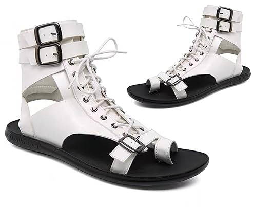 SIULAS Sandalias de Gladiador Sandalias de los Hombres Sandalias de Cuero de la PU Moda con Cordones Sandalias de Playa clásicas para Viajes al Aire Libre para Uso Diario,Blanco,42