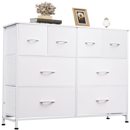 WLIVE Dresser for Bedroom with 8 Drawers, Wide Fabric Dresser for Storage and Organization, Bedroom Dressers, Chest of Drawers for Living Room, Closet, Hallway, White