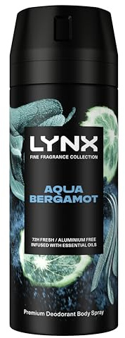 Lynx Fine Fragrance Collection Aqua Bergamot Premium Body Spray Men's Deodorant infused with bergamot, sage, & juniper essential oils for 72 hours of freshness 150 ml