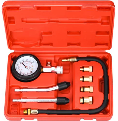 HATANSE Kompressionstester Kompressionsprüfer Kompressionsmesser Benzin mit 4 Adapter M10 M12 M14 M18 Messen 0-20 bar oder 0-300 psi für KFZ LKW Auto Motorrad (Rot)