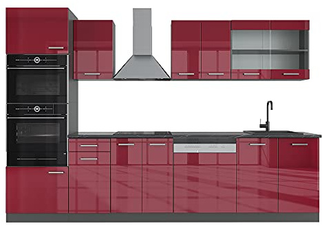 Vicco Küchenzeile R-Line, Rot Hochglanz, 300 cm mit Hochschrank, AP Anthrazit, zur individuellen Kombination und Erweiterung geeignet