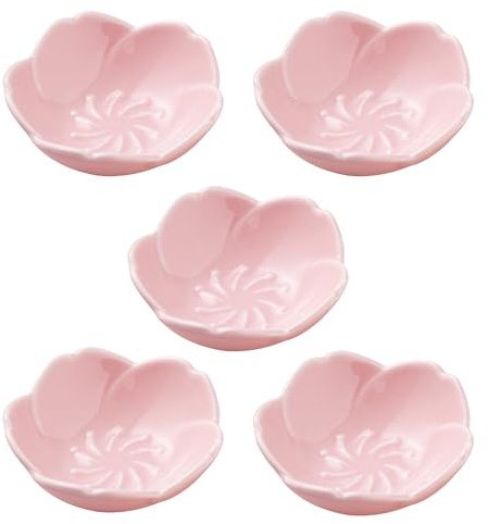 Jusalpha 5 PC Pink Cherry Blossom Ceramic Sauce Dish, Seasoning Dish, Sushi Soy Dipping Bow, Dessert Bowl, Appetizer Plates, Serving Dish for Kitchen Home (Pink, Set of 5)