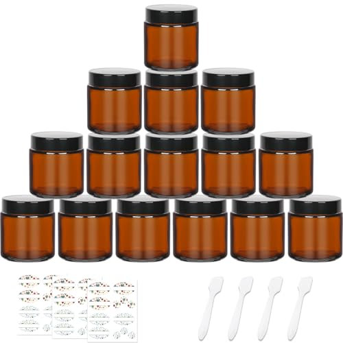 CulnCraz 15 Pack 120 ml Amber Round Glass Jars, 4 oz Empty Cosmetic Containers with Inner Liners, Black Lids and Glass Jars with Labels for Slime, Beauty Products,Cosmetic,Lotion,Powders and Ointments