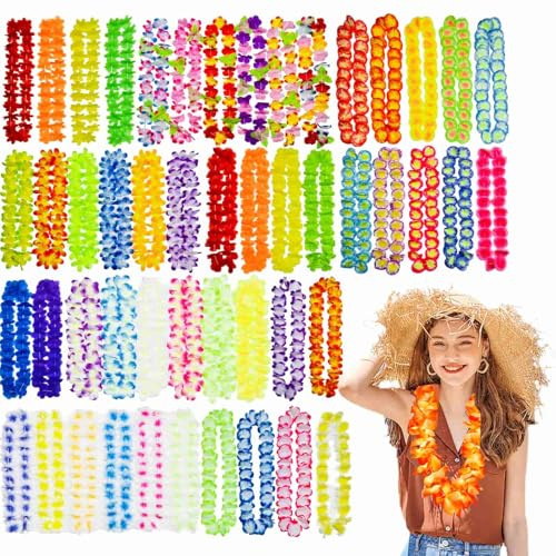 DYUEE Hawaiian Flower Garlands 50Pcs Hawaiian Leis Bulk Hula Necklace Leis | Party Decorations Caribbean Fancy Dress Accessories, for Tropical Party Night Bar Luau Aloha Beach Vacation Supplies