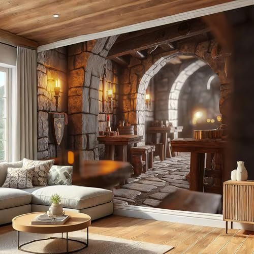 JSCWDET Edificio della taverna Carta da Parati Panoramica in Seta, Campione, muri in pietra mobili per Soggiorno Camera Ristorante Camera dei Bambini e Decorazione da Parete