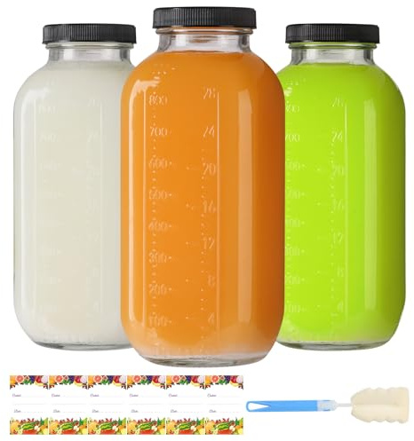 EkkoVla Confezione da 3 bottiglie quadrate in vetro da 907 ml, contenitori per latte con coperchio ermetico a vite, riutilizzabili, con segni di capacità per succhi e marmellate