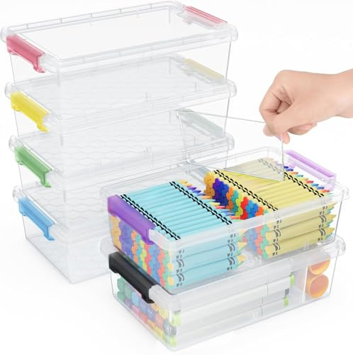 GEOPHIA 6 Pack Extra Large Pencil Box with Removable Divider, Thickened Pencil Case Bulk, Clear Crayon Marker Organizer Stackable Plastic Small Storage Containers for Pen Craft School Supplies (Multi)