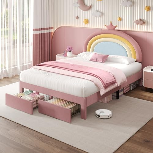 4ft6 Double Upholstered Platform Bed Frame with Adjustable Rainbow Headboard & Storage Drawers/Velvet Fabric/Sturdy Wooden Slat Support/No Box Spring Needed, Youth Bed for Adults Kids Teenagers, Pink
