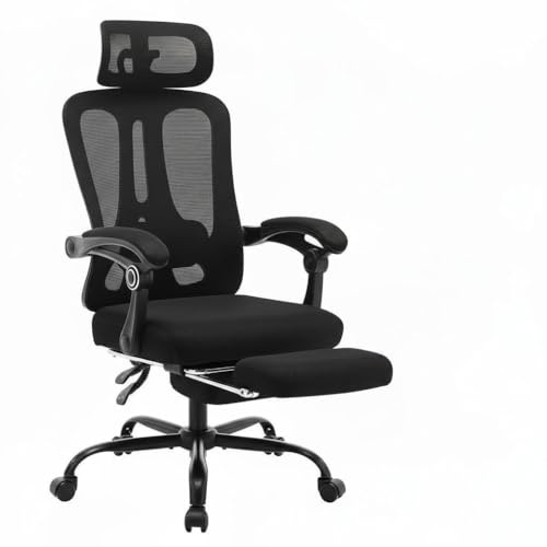 RBFGYIOP Sedia da gaming ergonomica con schienale alto in rete, poggiapiedi retrattile, supporto lombare e poggiatesta regolabile - Poltrona ampia con ruote per studio, camera o ufficio - Nero -