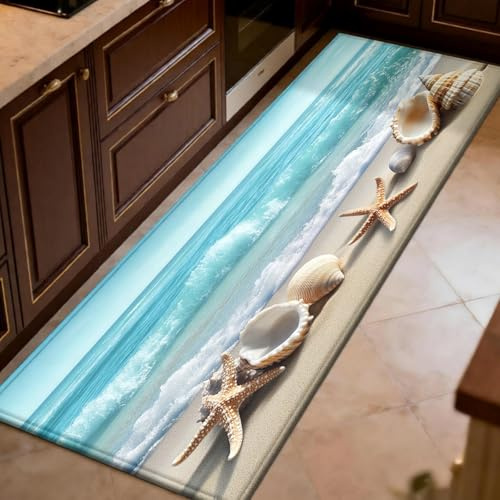 Alfombra de Cocina 50x180 cm Conchas de Playa oceánicas Absorbente y Resistente a Manchas, Azul Claro Antideslizante, Lavable para Pasillo, Lavadero y Salón