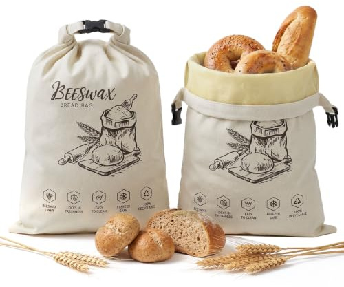 Lot de 2 sacs à pain en cire d'abeille - 43 x 33 cm - Réutilisables - En coton - Avec doublure intérieure en TPU de qualité alimentaire - Pour pâte à sure, pain, baguette, fruits - Avec amovible