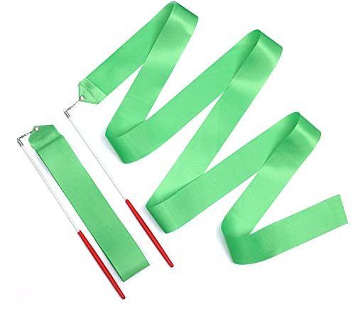 2 Stück Tanzbänder, 2 m Langes Wirbelndes Tanzband Gymnastikband mit Stab Dance Ribbons für Kinder Künstlerisches Tanzen Training Party, mit Band-Tänzerstab (Grün)