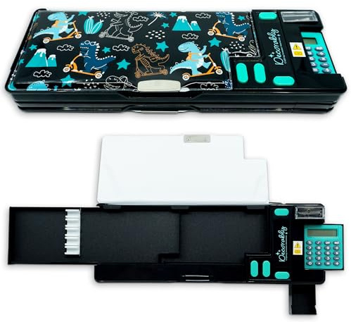 Decorably Pop Up Multifunction Dinosaur Pencil Case With Calculator for Boys, with Sharpener, Pen Slots, Mini Drawer and 2 Main Compartments with Magnetic Closure - Back to School Gift for Kids