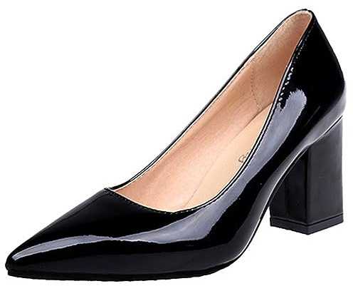 Escarpins en Cuir Verni à Talons carrés de 7.5cm pour Femmes, Chaussures Classiques à Bout Pointu, Escarpins de fête, Grande Taille,Noir,43 EU