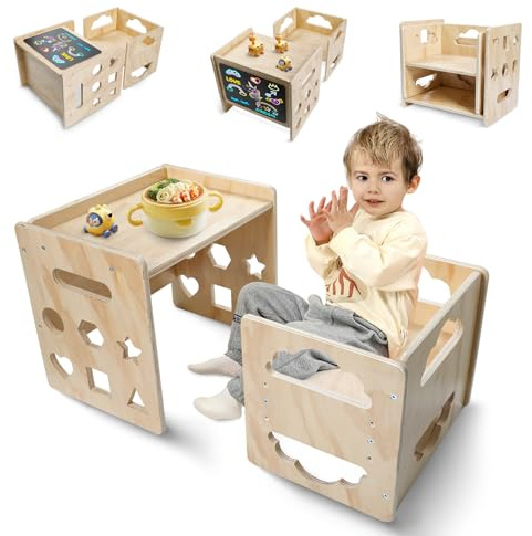 Satisure Montessori Weaning Table and Chair Set, Wooden Toddler Table and Chair Set, 1-3 Age Kids Table and Chairs with Blackboard & 3 Heights Adjustable for Eating & Drawing & Reading