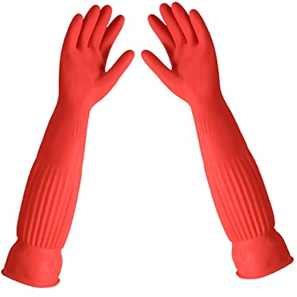 Generico Guanti per la pulizia domestica, guanti di gomma lunghi, guanti da tavola, guanti da pulizia in lattice riutilizzabili per cucina, giardino, lavaggio auto, lavori (55cm, L)
