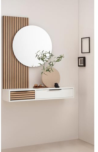 Lomadox Garderoben-Set 2-teilig mit Spiegel & Konsolentisch | Flurgarderobe in weiß mit Akustikpaneel-Optik