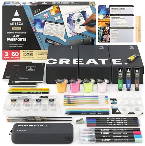 ARTEZA Creative Kickstarter: Art Exploration Set - Passports with Gel Pens, Watercolors, Acrylic Paints, Brushes, and More, Phased Art Journey, 60 pcs
