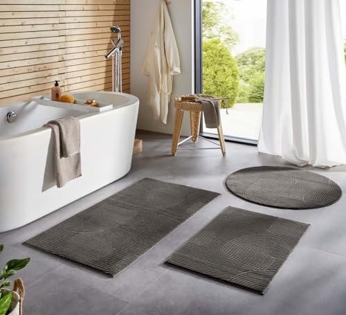 Taracarpet Badematte Homestyle rutschfest waschbar Badezimmerteppich Bad-Vorleger, WC Deko, Duschvorleger für Dusche und Badewannen sehr weich und kombinierbar Anthrazit Wellen 080 cm rund