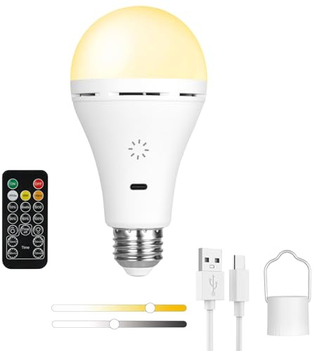 AUAUY USB C Rechargeable Camping Light with Remote & Hook, E27 Touch Control LED Tent Light with Timer, 3 Color Temperatures + Stepless Dimmable Hanging Tent Lamp for Outdoor Emergency Camping-1 Pack