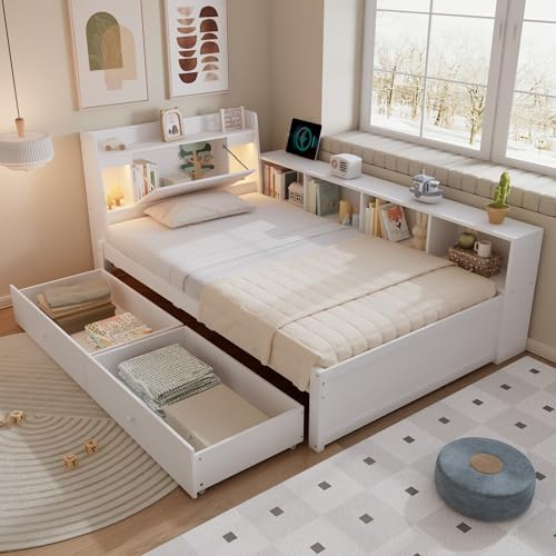 Cama individual con panel, cabecero storage compartimento + 2 luces, toma carga, armarios laterales MDF blanco
