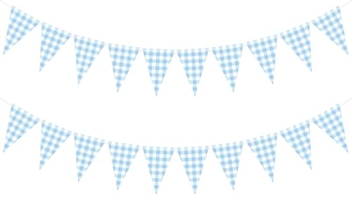 YooNotee 2 Pcs Gingham Banner Checkered Banner Triangle Bunting Decoration Double Sided Gingham Pennant Flags for Picnic Wedding Christmas Outdoor Birthday Party BBQ Decorations (Blue and White)