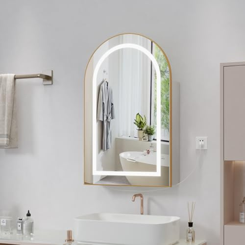 Ztexkee Armoire Murale Salle de Bain avec Miroir Éclairage LED Armoire Miroir avec Prise et Fonction Antibuée Arqué Armoire de Toilette avec 3 Étagère 50x15x80 cm Doré et Blanc