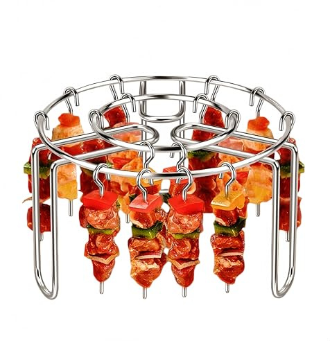 Porta spiedini per BBQ in acciaio inossidabile, griglia verticale per barbecue da utilizzare con friggitrice ad aria, completo di 24 spiedini BBQ, vassoio tondo sospeso accessorio