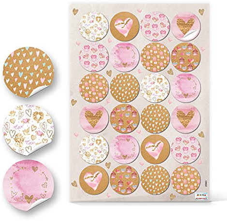 Logbuch-Verlag 24 Herz Aufkleber rosa pink gold rund 4 cm Basteln Deko Sticker Geburtstag Hochzeit Weihnachten Karten gestalten