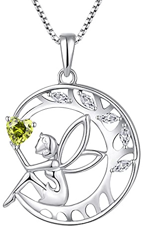 FJ Damhalsband skyddsängel halsband 925 sterlingsilver hänge livsträd månhalsband med födelsesten kubisk zirkonia smycken gåvor till dam flicka, Taille du pendentif: 21 * 20 mm, Ädelsten, Peridot