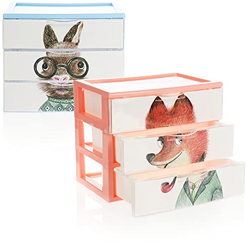 COM-FOUR® 2x Schubladenbox - Kunststoff-Aufbewahrungsbox für Kinder-Spielzeug, Bastelsachen, Stifte - Praktische Sortierbox mit Tier-Motiven [Auswahl variiert] (2 Boxen 3 Fächer 22x15x19)