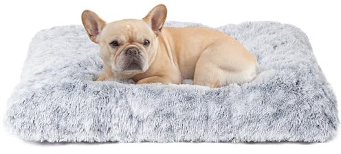 EHEYCIGA Calming Dog Bed Medium, Fluffy Anti Anxiety Washable Cushion Bed for Crate, Dog Mat Mattress with Anti-Slip Bottom, Grey, 75x50x7.5cm